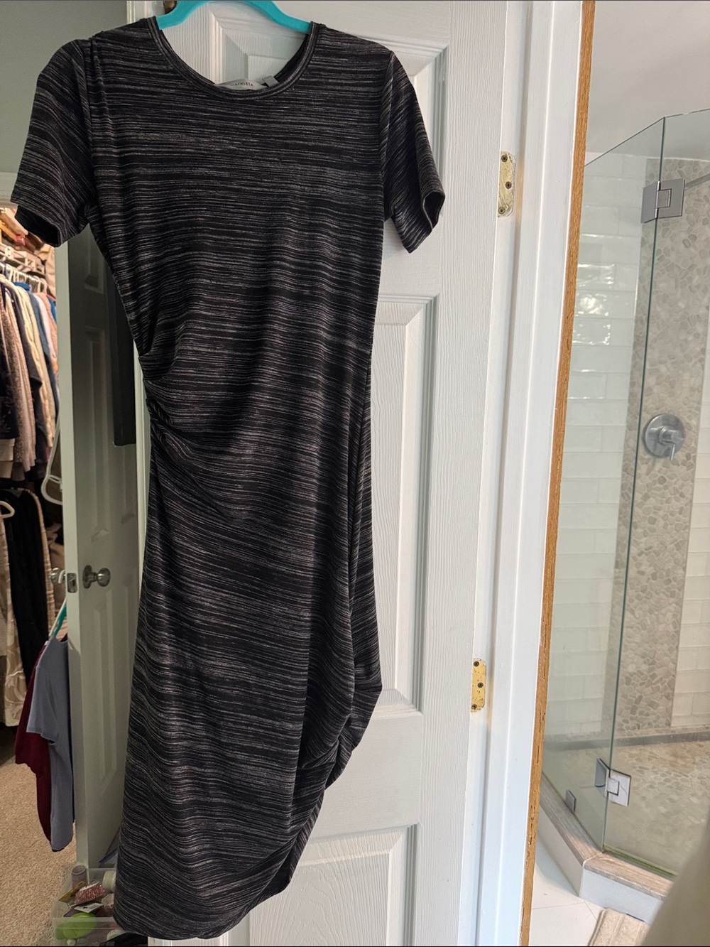 Athleta Black Heathered Short-Sleeve Midi Dress rouched side and bottom